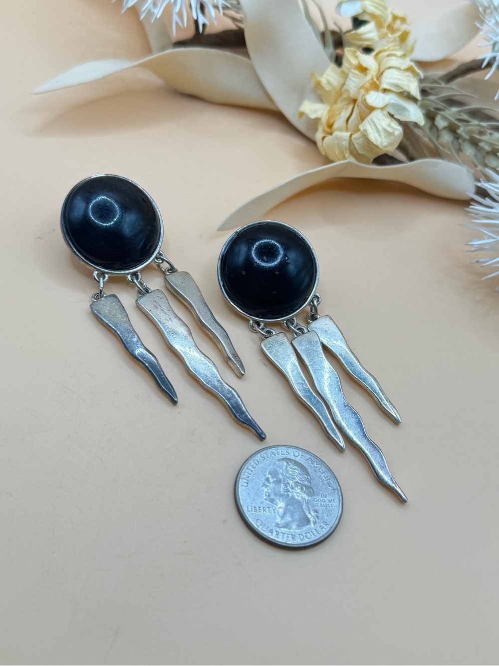 Black Cabochon Silver Tone Clip On Dangle Statement Earrings - Picture 3 of 4